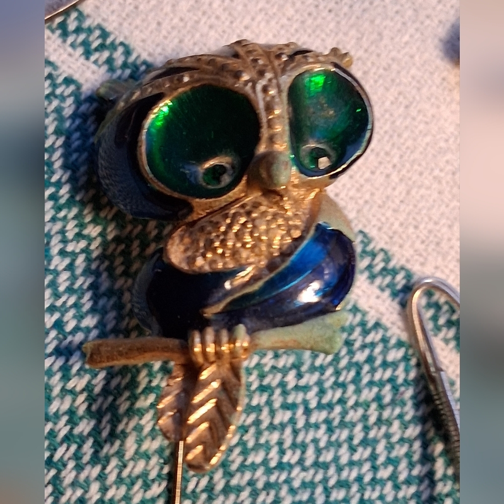 Vintage Owl Brooch with Green and Blue Enamel